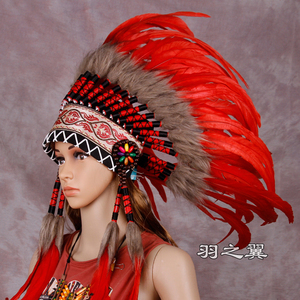 新款非洲部落红色羽毛头饰野人酋长帽子酒吧舞台表演发饰配饰道具