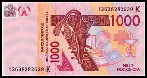 非洲 全新UNC 西非(K)塞内加尔1000法郎 2003年版 外国钱币 纸币