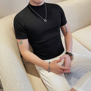 夏季修身男士半高领短袖T恤韩版紧身弹力纯色中领圆领打底衫百搭