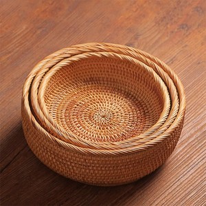 日式圆形水果篮子零食点心馒头面包客厅家用越南藤编织收纳筐托盘