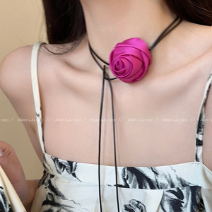 法式玫瑰花朵颈链choker锁骨链高级感夏季少女丝带项链脖子配饰品
