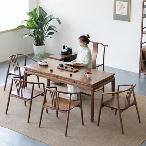 玖唐轩新中式茶桌椅组合实木黑胡桃木明式原木办公茶台茶室设计