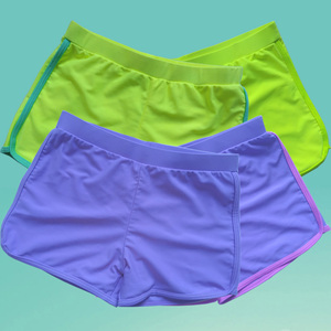 泳裤女高腰紧身适合跑步瑜伽舞蹈运动锦纶弹性面料透气荧光绿紫色