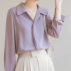 紫色衬衫女高级感春秋季小个子职业通勤v领衬衣宽松法式雪纺上衣