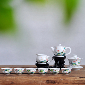粉彩茶具 磬声手绘9头功夫茶具盖碗品杯6人用办公室整套茶具套装