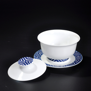 景德镇陶瓷茶具盖碗大号磬声手绘青花瓷三才碗杯纯手工白瓷手抓壶
