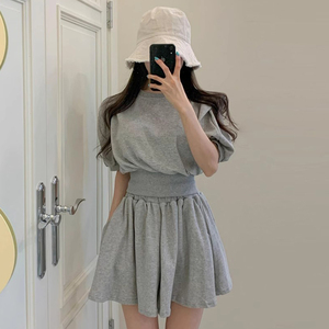 韩国chic夏季小众减龄百搭显瘦短袖卫衣+高腰阔腿短裤裙裤两件套