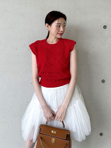 韩国chic夏季复古气质镂空针织马甲上衣+拼接网纱背心连衣裙套装