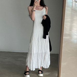 韩国chic夏季法式简约圆领褶皱感设计宽松休闲无袖吊带连衣裙长裙