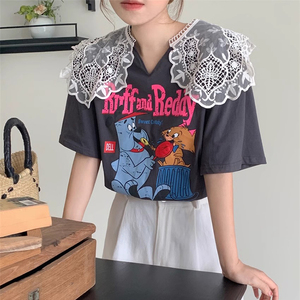 韩国东大门字母印花短袖T恤女夏季新款设计感小众蕾丝娃娃领上衣