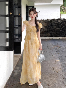 韩国chic夏季复古优雅花色印花泡泡袖雪纺衫+高腰百搭半身裙套装