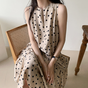 韩国chic夏季优雅圆领拉链设计感宽松休闲长款大摆型波点连衣裙女