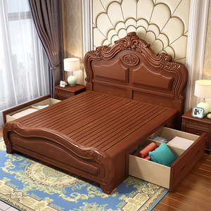 欧式实木床1.8米主卧双人大床现代简约美式1.5储物雕花2米2.2婚床