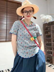 韩国东大门夏季新款韩系减龄华夫格小红花设计显瘦短袖T恤上衣女