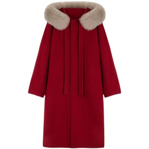 小魔女全羊毛系带狐狸毛领双面呢大衣女红色冬长款小个子毛呢外套