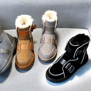 女大童牛皮短靴子儿童冬季真皮磨砂皮羊毛加厚反光棉鞋防滑高帮鞋