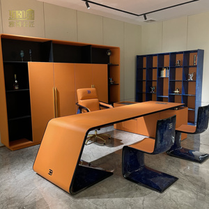 意式轻奢总裁办公桌布加迪橙色书桌电脑桌大班台老板实木真皮桌椅