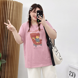 大码女装夏季新款韩版200斤胖mm宽松减龄卡通印花遮肉短袖T恤女