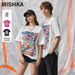 艾热同款MISHKA美式复古2024新款夏季短袖T恤男女情侣纯棉宽松