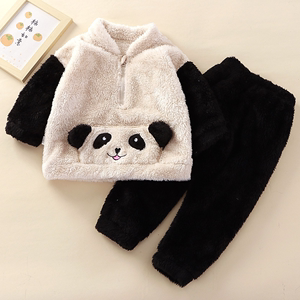 婴儿衣服秋冬季可爱熊猫珊瑚绒保暖家居服套装一2岁3男女宝宝冬装