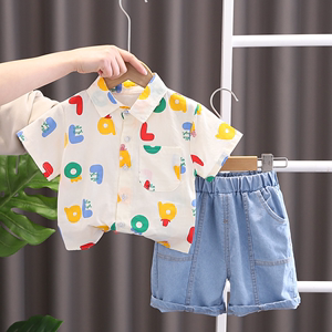 婴儿衣服夏季薄款时髦韩版短袖衬衫分体外穿套装一周岁男宝宝夏装