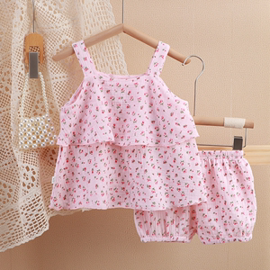 婴儿衣服夏季薄款可爱洋气双层棉纱吊带家居服套装一岁女宝宝夏装