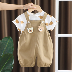 婴儿衣服夏季超洋气可爱纯棉短袖背带裤两件套一周岁男女宝宝夏装