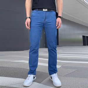 夏天超薄牛仔裤男士直筒浅蓝色爸爸高腰中年裤子男款夏季薄款长裤