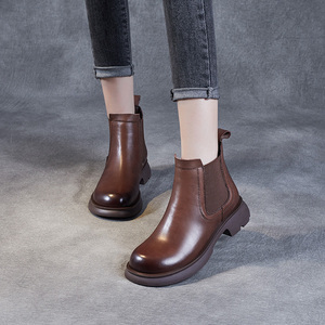 切尔西短靴女式烟筒靴真皮牛皮2023年新款厚底单靴秋冬加绒皮靴子