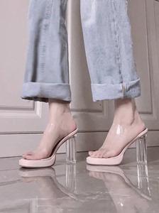 夏天透明凉鞋女性感新款防水台粗跟气质名媛12CM一字带外穿凉拖