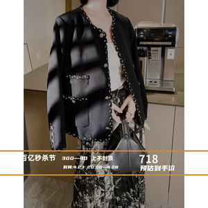 优雅风向标 香风黑色编织肌理西装日本进口三醋酸短款女外套P1907