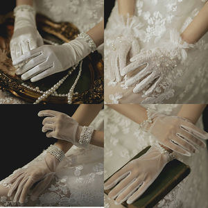 新娘结婚手套 短款蕾丝手套 婚纱礼服婚礼仪摄影写真珍珠缎面手套