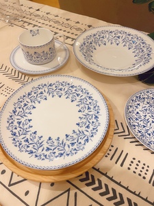 高骨轻薄骨瓷经典蓝色青花瓷出口法式牛排盘咖啡杯碟碗深菜盘