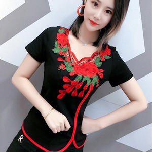 短袖t恤女式小衫新款韩版减龄修身蕾丝拼接绣花 洋气上衣女半袖潮