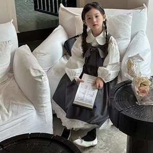 韩国亲子童装2024春装新款儿童娃娃领公主款女童长袖衬衫背带裙子