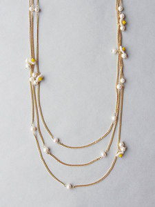 l小花朵珍珠点缀装饰 多层缠绕 超长复古金属细项链 毛衣链