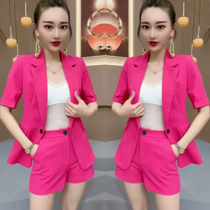 韩版职业西服套装女2022夏季新款气质纯色短袖显瘦开叉外套+短裤