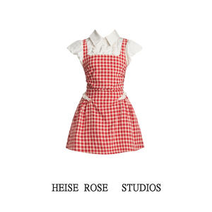 红格物语 假两件格子连衣裙女夏季2024新款背带裙显瘦甜美衬衫裙