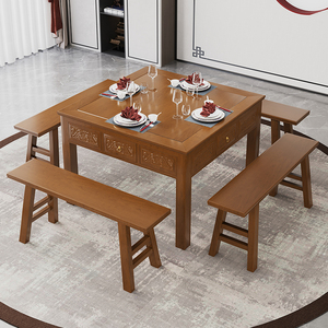 中式八仙桌实木正方形餐桌岩板四方抽屉桌子老式农村家用客厅商用