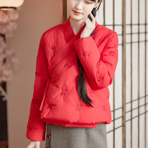冬季文艺新中式国风刺绣女装红色短款羽绒服改良汉服斜襟复古茶服