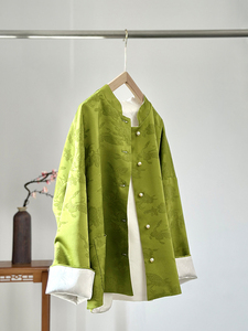 新中式女装轻国风外套年轻款缎面提花宋锦双面穿绿色宽松唐装上衣
