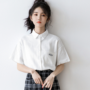 韩国2024年夏季新款白色衬衫女百搭宽松短袖翻领polo衫学生装上衣