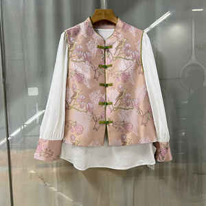 艾24-55099商场专卖2024春时尚品质女装新中式印花马甲衬衣两件套