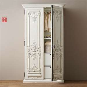 欧式雕花白色衣柜 美式 法式实木做旧双门衣橱简约现代衣帽间柜子