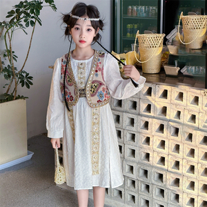 维吾尔族舞蹈服7岁女 童连衣裙民族风新疆西域公主裙异域风情纱裙