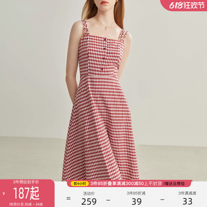 范思蓝恩格子吊带连衣裙女夏季法式甜美气质显瘦海边度假裙子2124