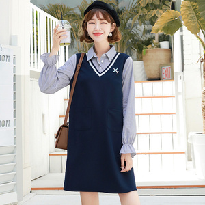 韩都衣舍，韩版女装秋装新款条纹拼接假两件短款连衣裙OY752