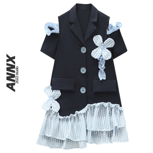 ANNX2024高级短袖露肩小心机西装裙夏新设计小众不规则宽松连衣裙