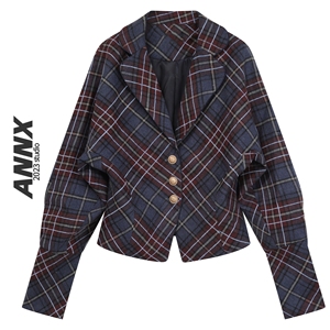 ANNX2024复古秋季新款复古设计感收腰蝙蝠袖格纹外套女西服衬衫潮
