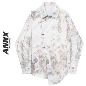 ANNX2024轻国风新中式晕染不规则上衣长袖上衣高级感盘扣衬衫